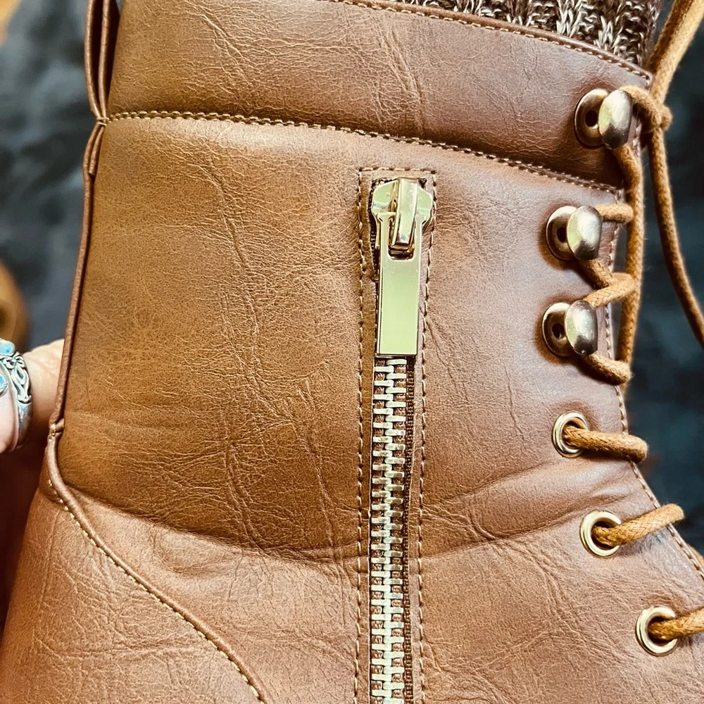 Lucky Top Tan Lace-Up Boots with Knit Cuff